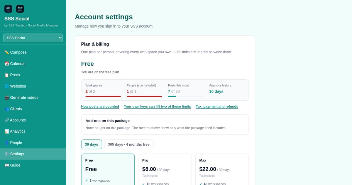 SSS Social account settings with the current package, usage meters and package cards