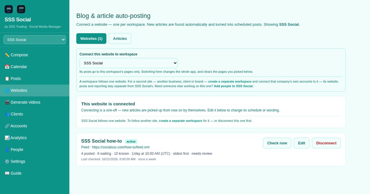 The SSS Social Websites page, where a blog is connected for article auto-posting