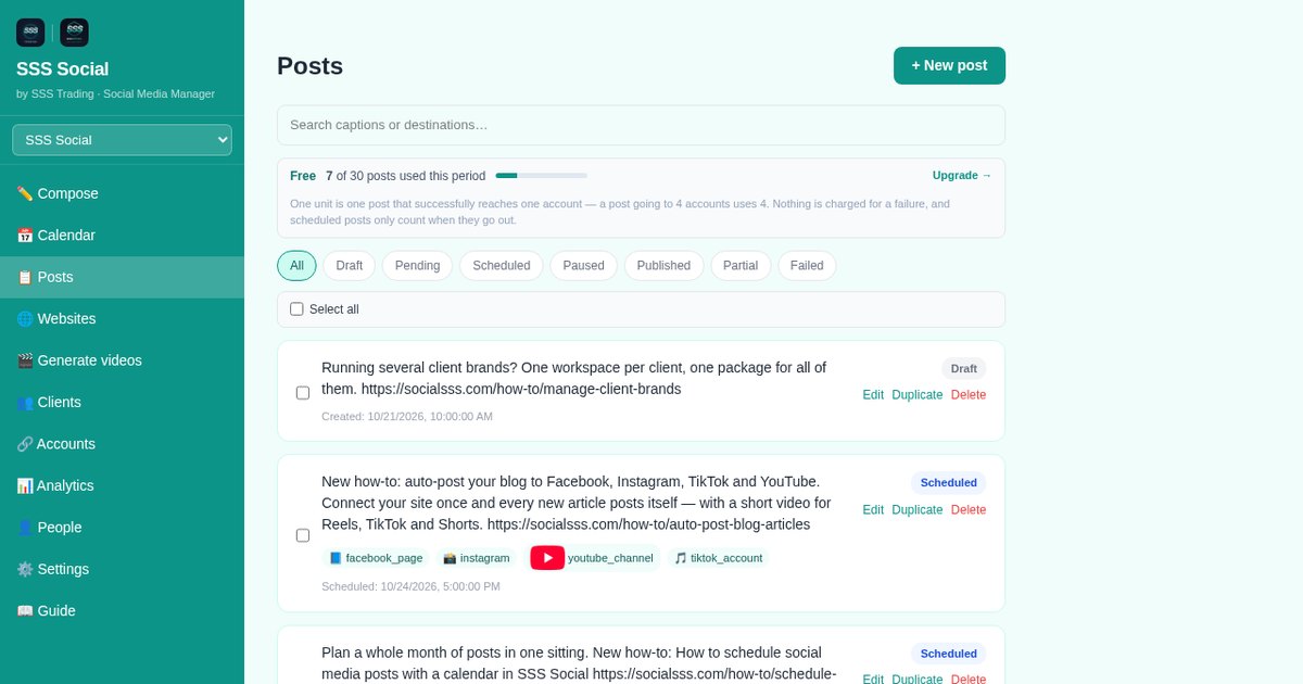 The SSS Social Posts page with posts that are published, scheduled and in draft