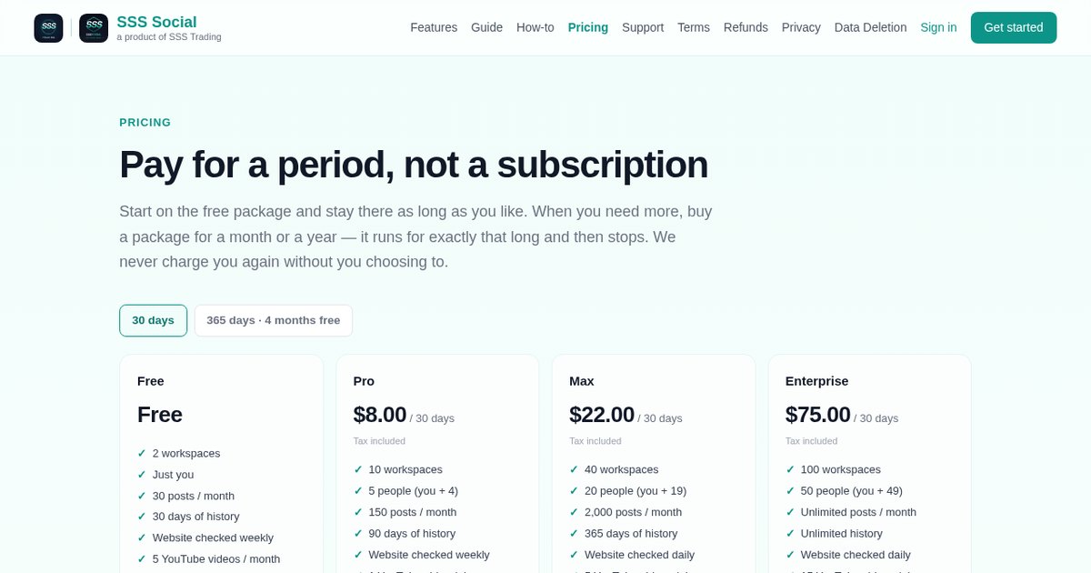The SSS Social pricing page comparing the Free, Pro, Max and Enterprise packages