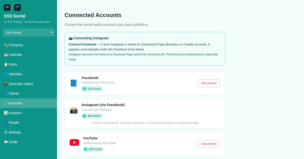 The SSS Social Accounts page, where Facebook, Instagram, TikTok and YouTube accounts are connected