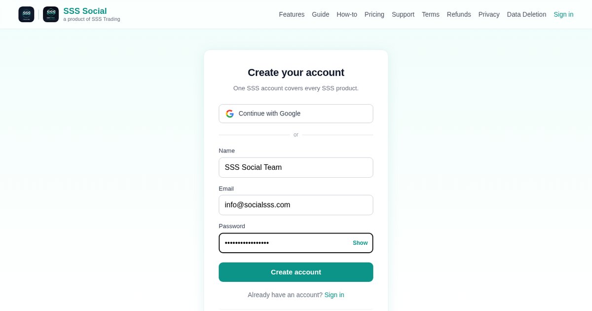 The SSS Social sign-up page, where a new account is created with Google or with an email and password