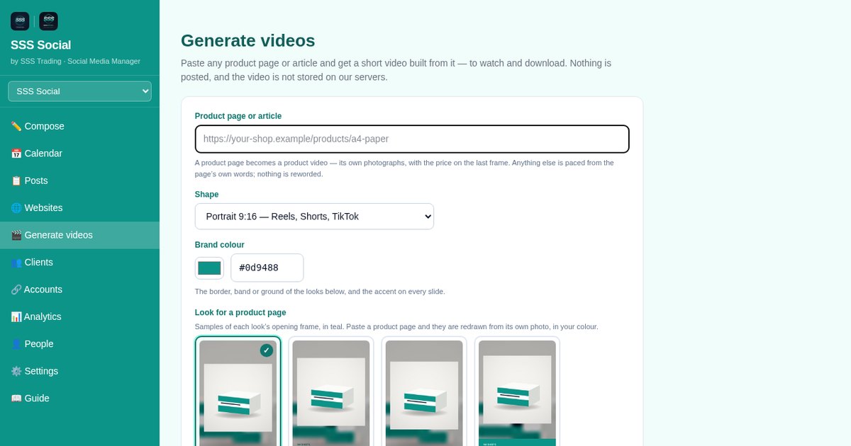 The SSS Social Generate videos page with shape, length, look, brand colour and music choices