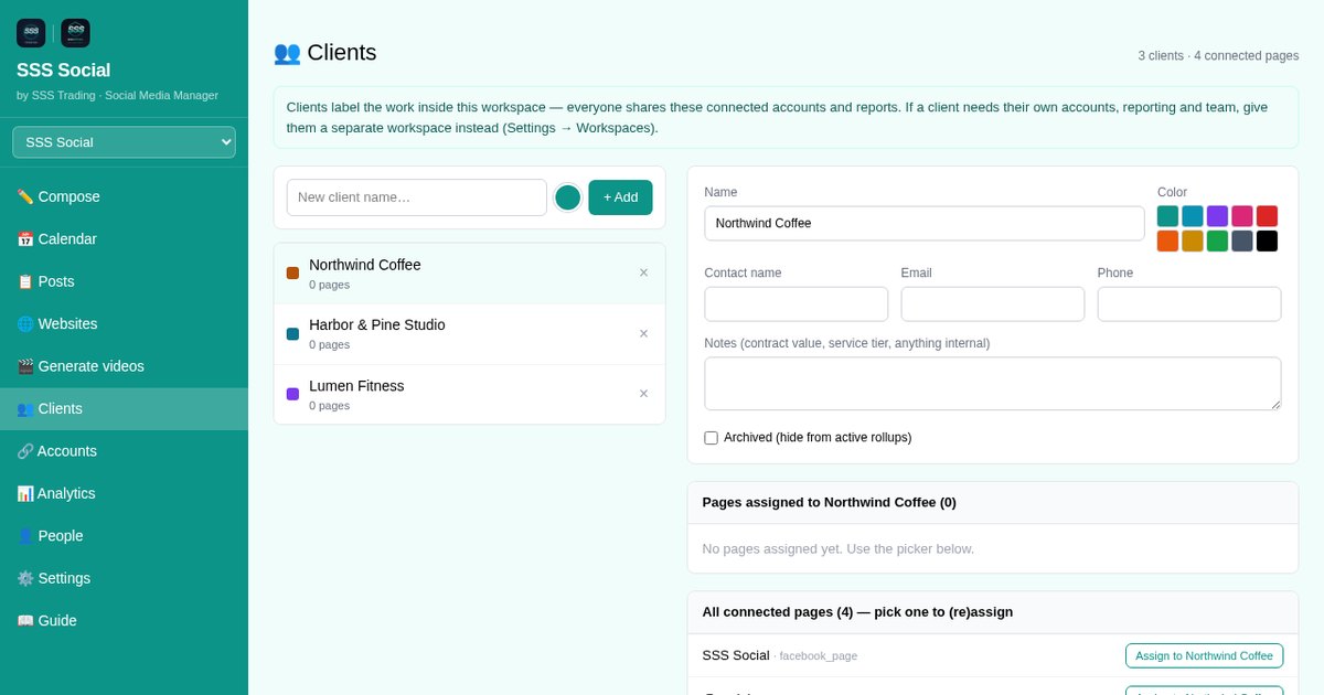 The SSS Social Clients page with colour-coded client labels for connected accounts