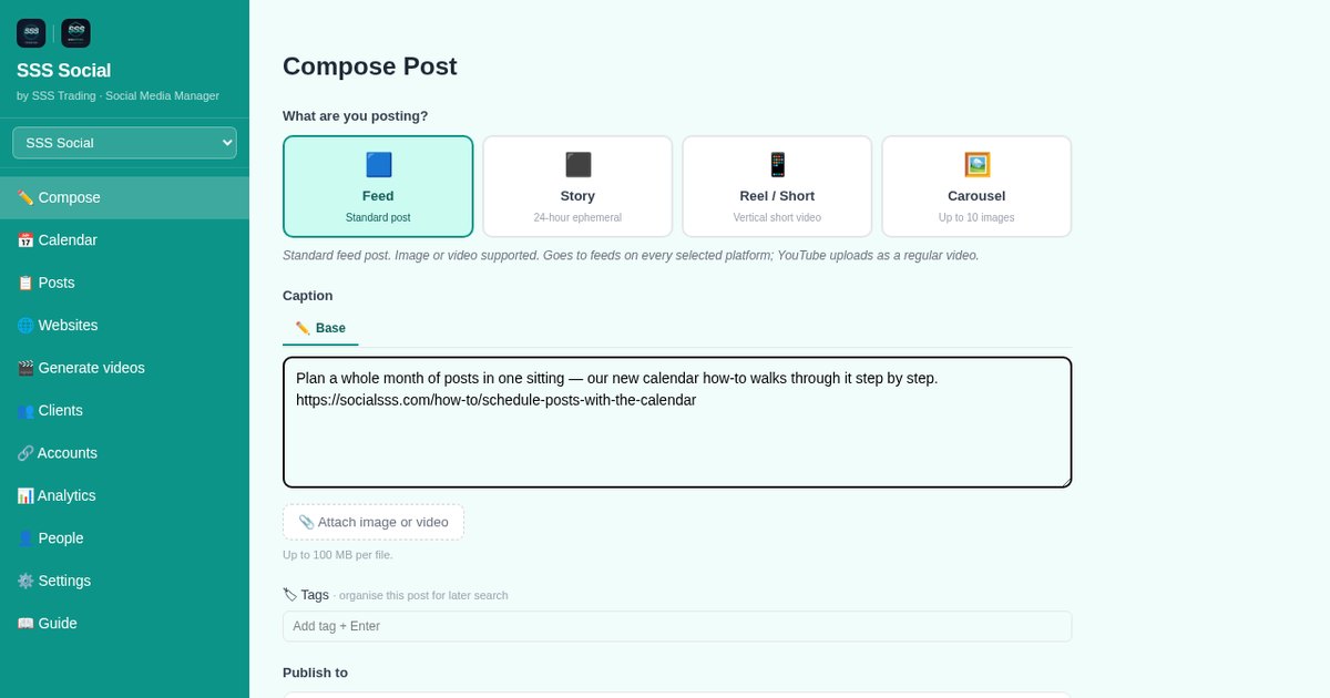 The SSS Social Compose page with format choices, a caption box and the destination accounts