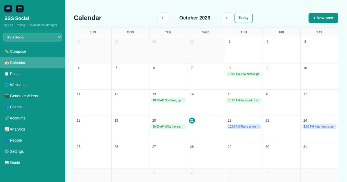 The SSS Social Calendar with scheduled and published posts laid out across a month